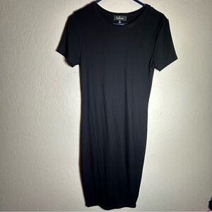 Lulu's Black Sheath Midi Dress Crew Neck Short Sleeve